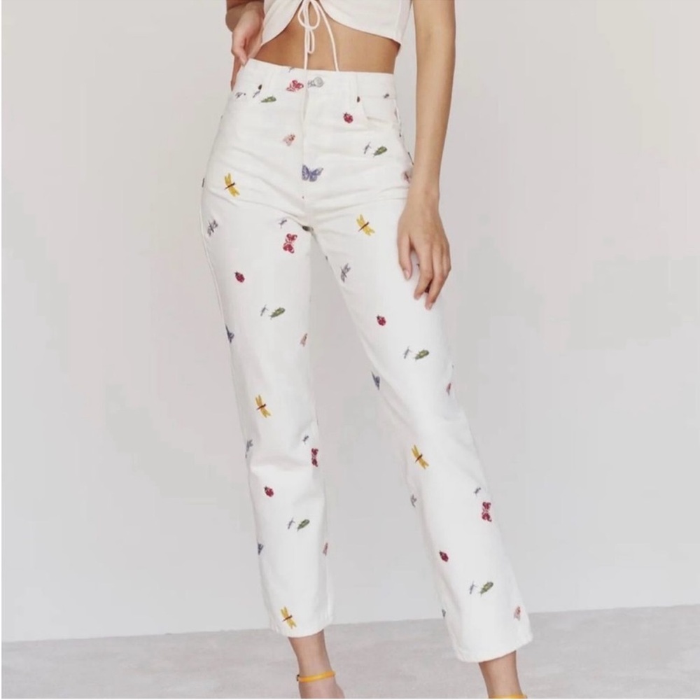 Reformation White Embroidered Jeans
